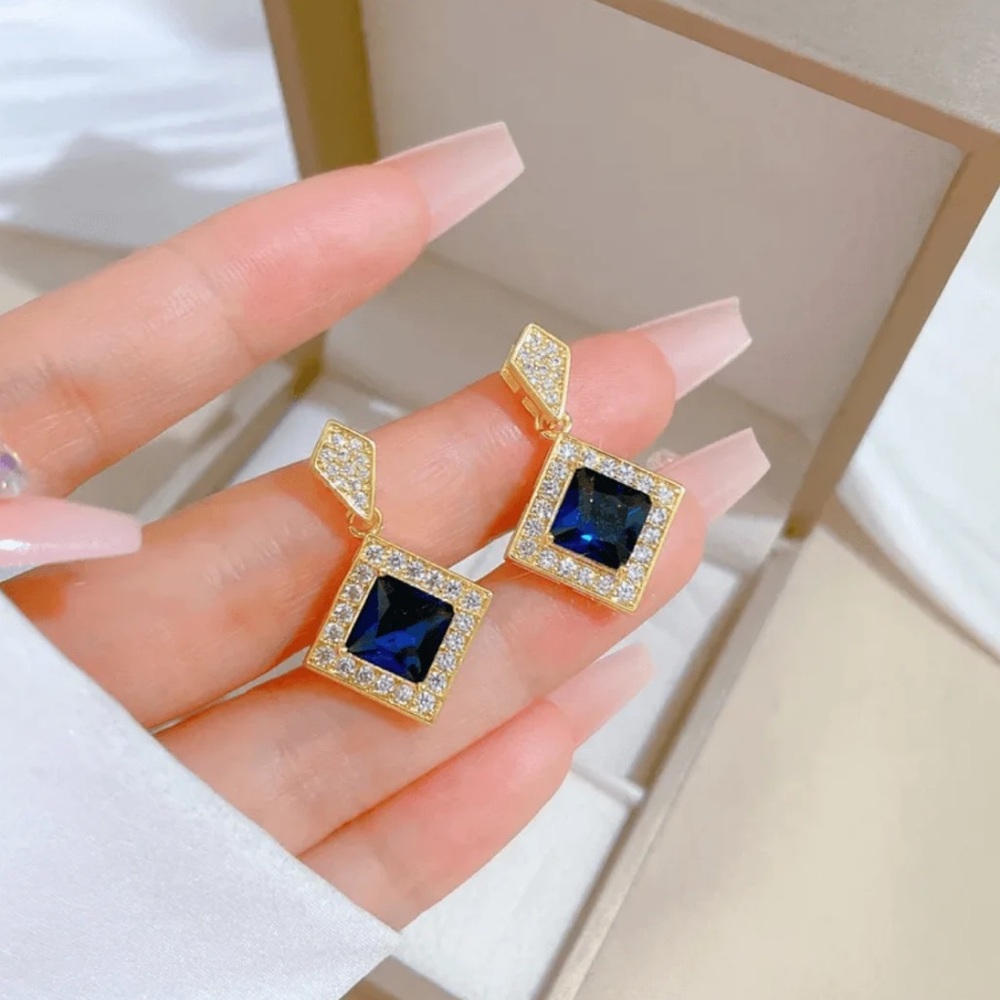 Anthropologie Vintage Square Gold and Blue Square Drop Earrings